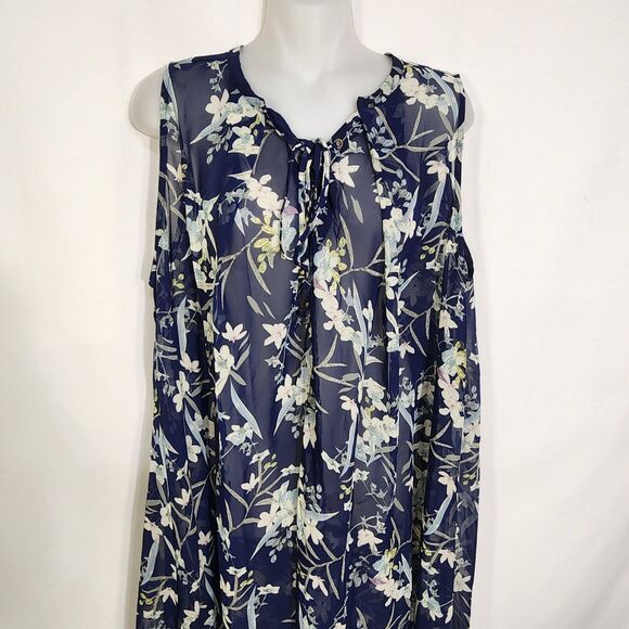 Umgee Womens Swim Coverup Sz Medium Sheer Floral Blue Sleeveless Ties Mini Dress - Picture 3 of 10
